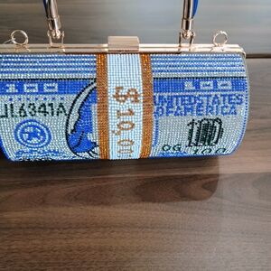 Rhinestone Money Roll Crossbody Bag in Blue and Gold